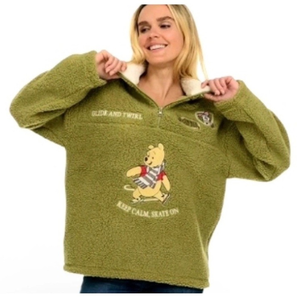 Disney Winnie the Pooh Fleece Sherpa Pullover XXL Green Ice Skating Piglet